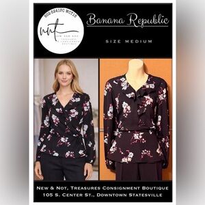 Banana Republic Floral Ruffle Wrap Blouse Black Pink Long Sleeve Top Womens M